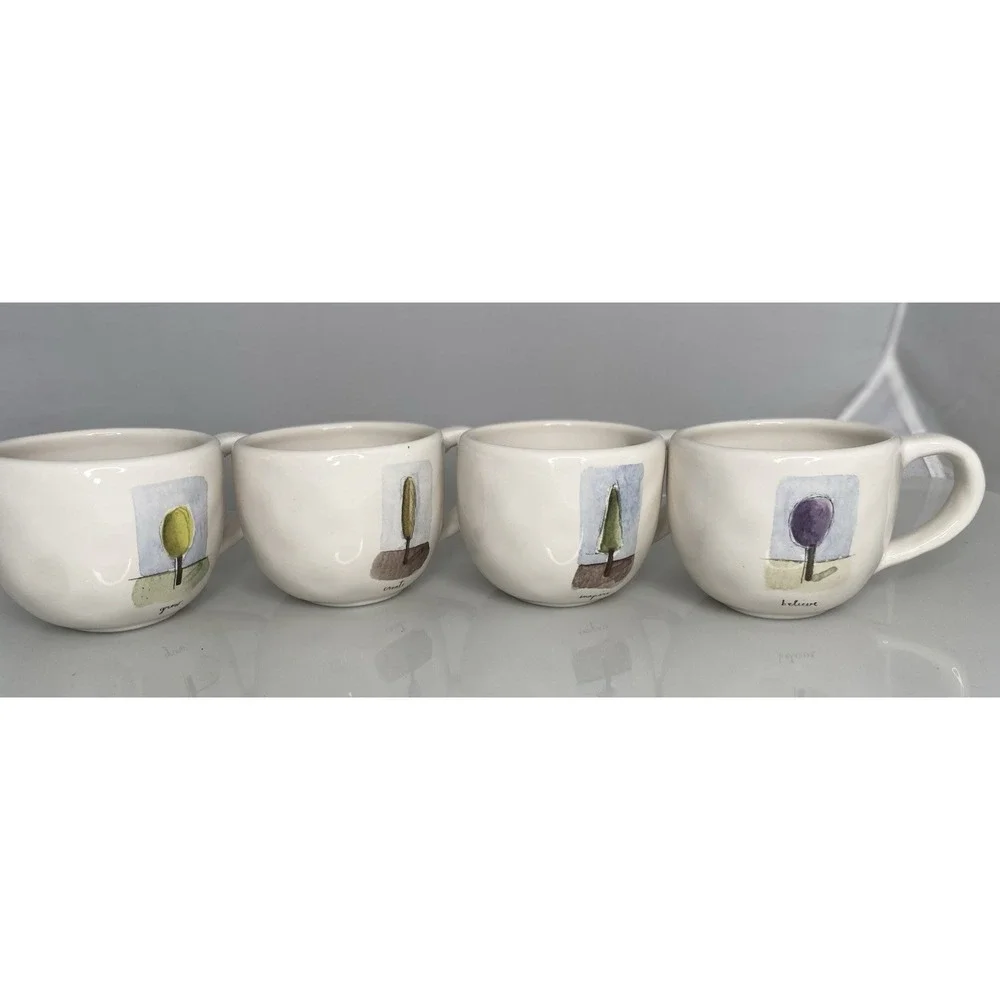 4 Pottery Barn Tea Garden Mugs Grow Create Inspire Believe Designed by Rae Dunn
